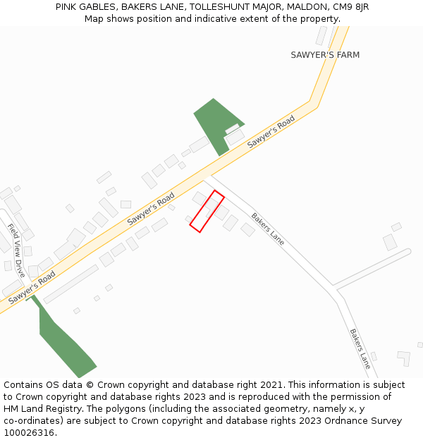 PINK GABLES, BAKERS LANE, TOLLESHUNT MAJOR, MALDON, CM9 8JR: Location map and indicative extent of plot