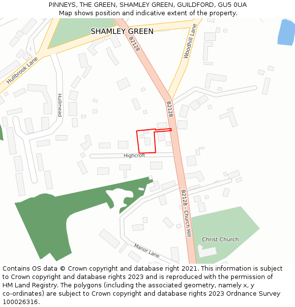PINNEYS, THE GREEN, SHAMLEY GREEN, GUILDFORD, GU5 0UA: Location map and indicative extent of plot