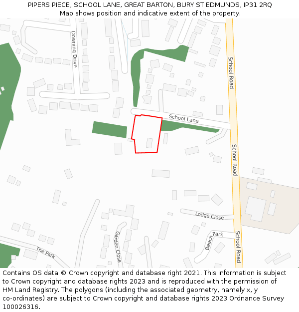 PIPERS PIECE, SCHOOL LANE, GREAT BARTON, BURY ST EDMUNDS, IP31 2RQ: Location map and indicative extent of plot