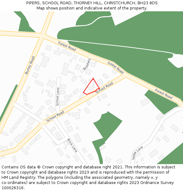 PIPERS, SCHOOL ROAD, THORNEY HILL, CHRISTCHURCH, BH23 8DS: Location map and indicative extent of plot