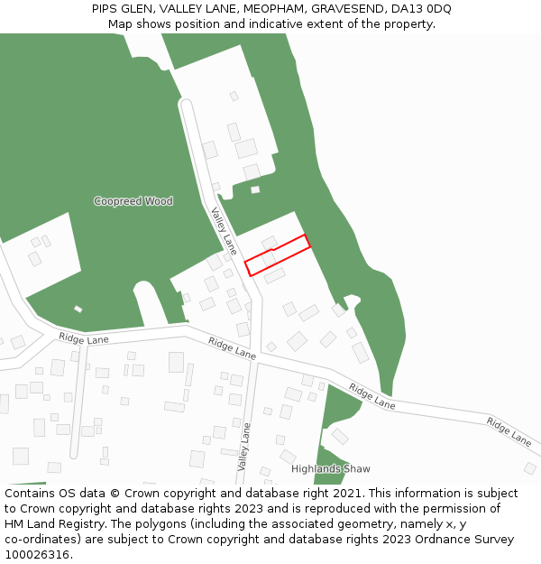 PIPS GLEN, VALLEY LANE, MEOPHAM, GRAVESEND, DA13 0DQ: Location map and indicative extent of plot