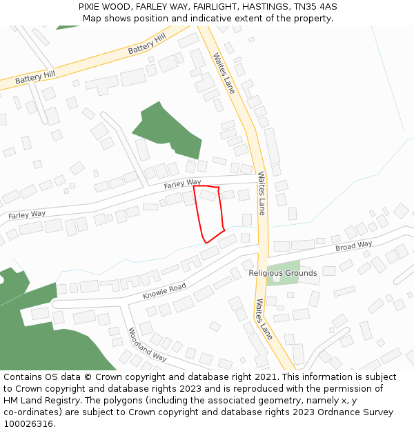 PIXIE WOOD, FARLEY WAY, FAIRLIGHT, HASTINGS, TN35 4AS: Location map and indicative extent of plot