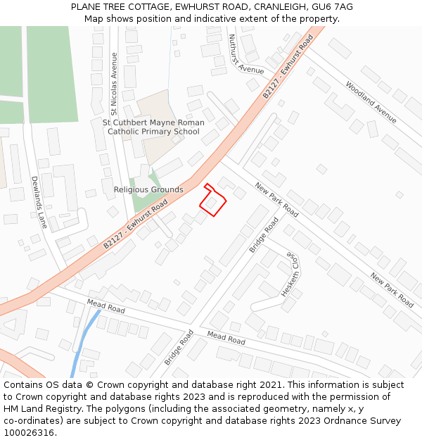 PLANE TREE COTTAGE, EWHURST ROAD, CRANLEIGH, GU6 7AG: Location map and indicative extent of plot