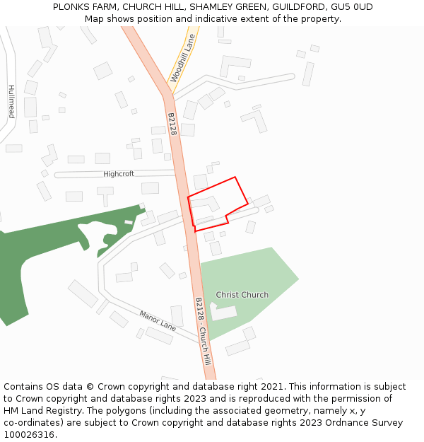 PLONKS FARM, CHURCH HILL, SHAMLEY GREEN, GUILDFORD, GU5 0UD: Location map and indicative extent of plot