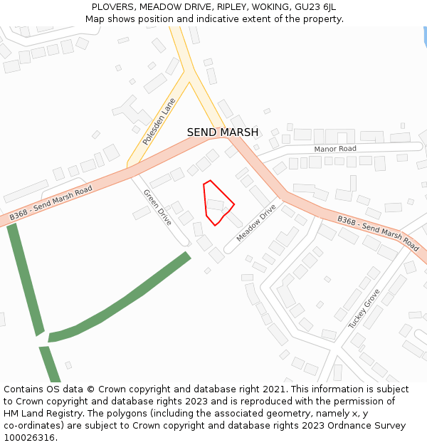 PLOVERS, MEADOW DRIVE, RIPLEY, WOKING, GU23 6JL: Location map and indicative extent of plot