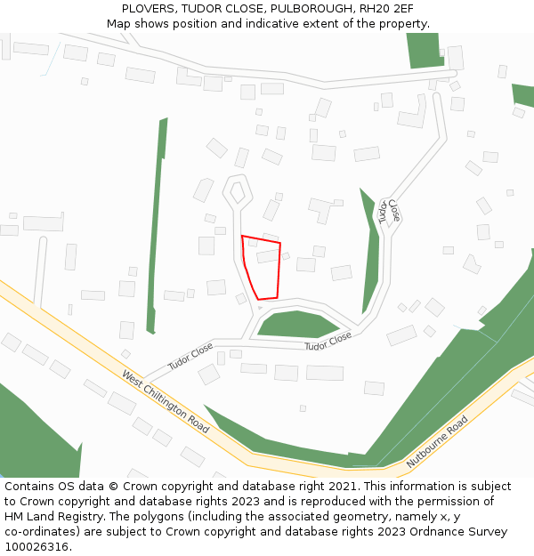 PLOVERS, TUDOR CLOSE, PULBOROUGH, RH20 2EF: Location map and indicative extent of plot