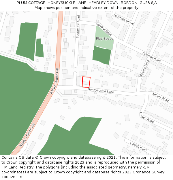 PLUM COTTAGE, HONEYSUCKLE LANE, HEADLEY DOWN, BORDON, GU35 8JA: Location map and indicative extent of plot