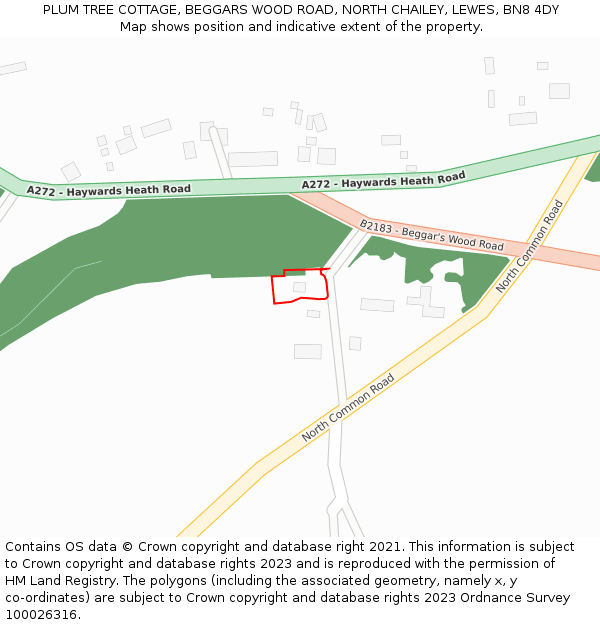 PLUM TREE COTTAGE, BEGGARS WOOD ROAD, NORTH CHAILEY, LEWES, BN8 4DY: Location map and indicative extent of plot