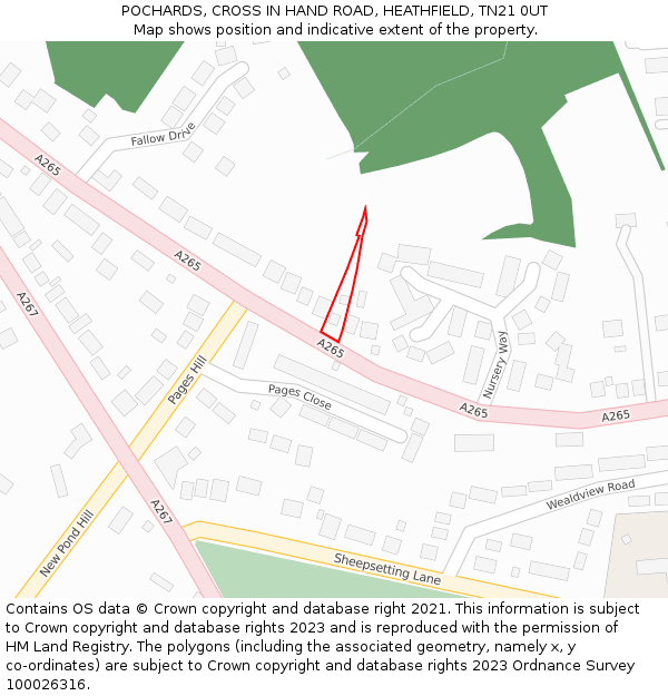 POCHARDS, CROSS IN HAND ROAD, HEATHFIELD, TN21 0UT: Location map and indicative extent of plot
