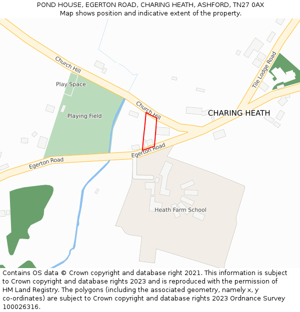 POND HOUSE, EGERTON ROAD, CHARING HEATH, ASHFORD, TN27 0AX: Location map and indicative extent of plot