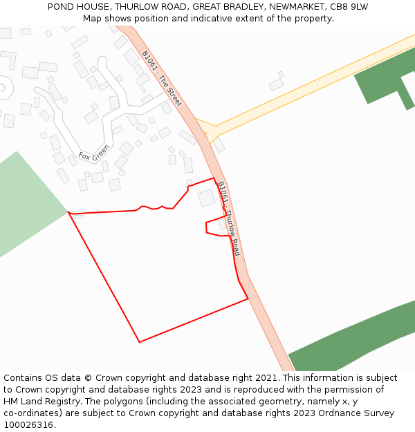 POND HOUSE, THURLOW ROAD, GREAT BRADLEY, NEWMARKET, CB8 9LW: Location map and indicative extent of plot