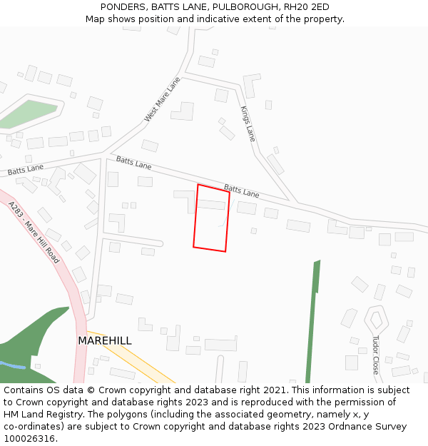 PONDERS, BATTS LANE, PULBOROUGH, RH20 2ED: Location map and indicative extent of plot