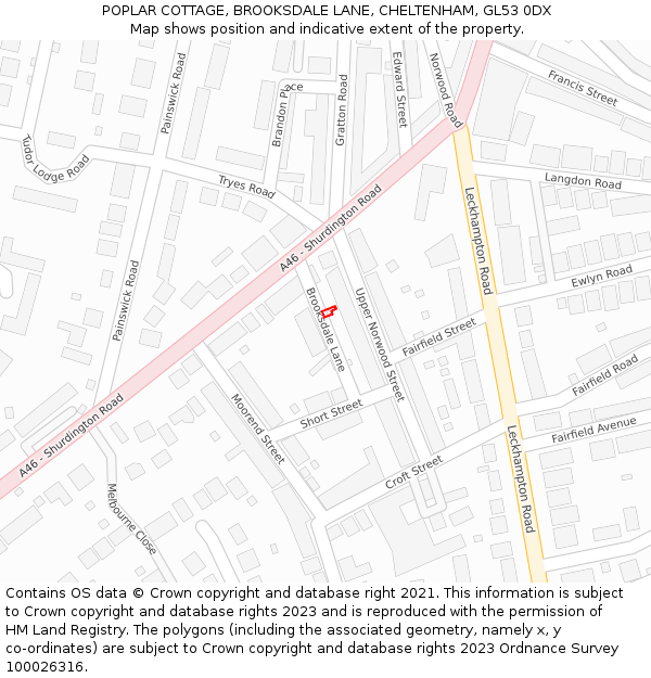 POPLAR COTTAGE, BROOKSDALE LANE, CHELTENHAM, GL53 0DX: Location map and indicative extent of plot