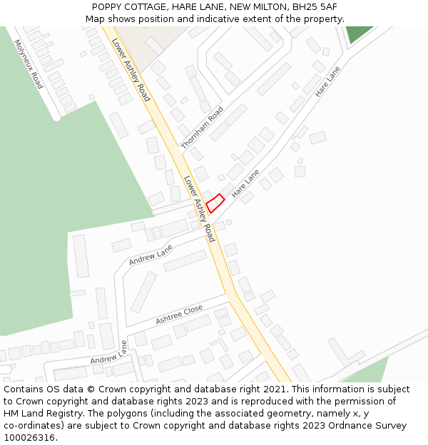 POPPY COTTAGE, HARE LANE, NEW MILTON, BH25 5AF: Location map and indicative extent of plot