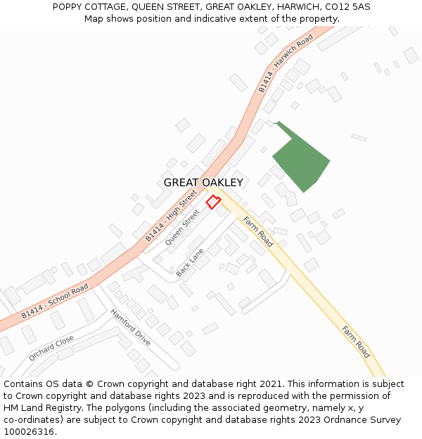 POPPY COTTAGE, QUEEN STREET, GREAT OAKLEY, HARWICH, CO12 5AS: Location map and indicative extent of plot
