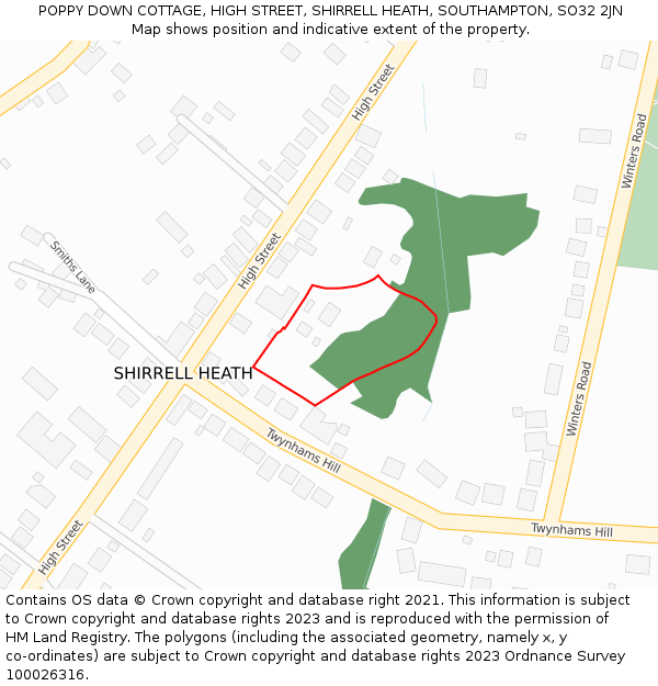 POPPY DOWN COTTAGE, HIGH STREET, SHIRRELL HEATH, SOUTHAMPTON, SO32 2JN: Location map and indicative extent of plot