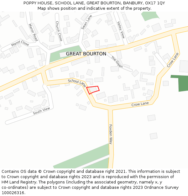 POPPY HOUSE, SCHOOL LANE, GREAT BOURTON, BANBURY, OX17 1QY: Location map and indicative extent of plot