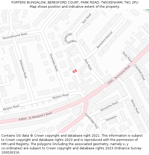 PORTERS BUNGALOW, BERESFORD COURT, PARK ROAD, TWICKENHAM, TW1 2PU: Location map and indicative extent of plot