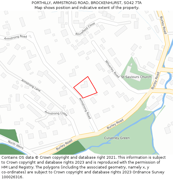 PORTHILLY, ARMSTRONG ROAD, BROCKENHURST, SO42 7TA: Location map and indicative extent of plot