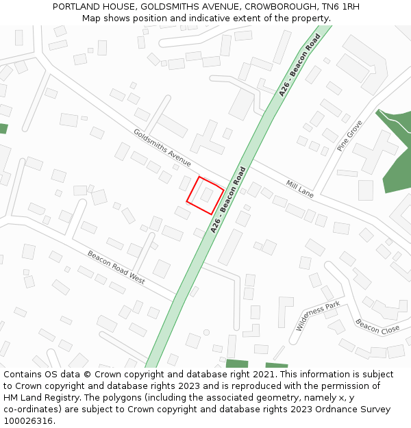 PORTLAND HOUSE, GOLDSMITHS AVENUE, CROWBOROUGH, TN6 1RH: Location map and indicative extent of plot