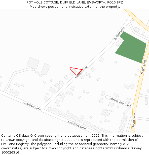 POT HOLE COTTAGE, DUFFIELD LANE, EMSWORTH, PO10 8PZ: Location map and indicative extent of plot