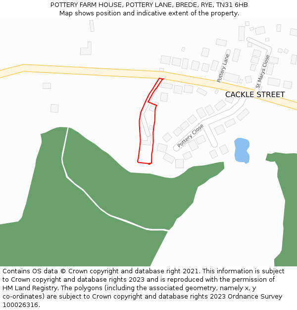 POTTERY FARM HOUSE, POTTERY LANE, BREDE, RYE, TN31 6HB: Location map and indicative extent of plot