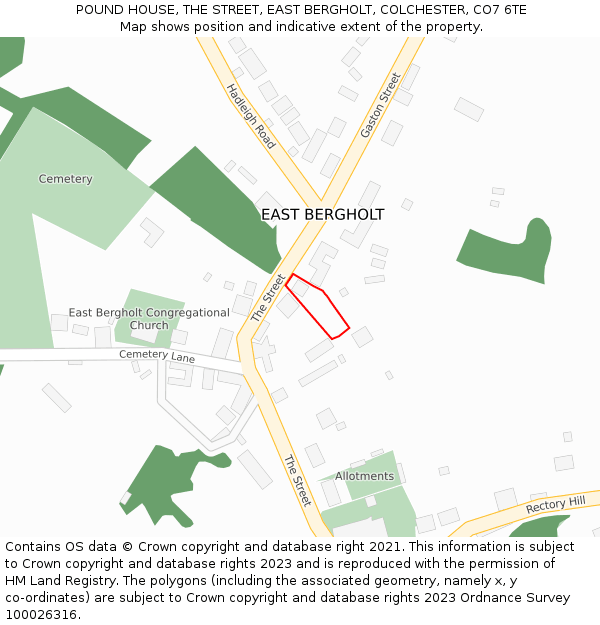 POUND HOUSE, THE STREET, EAST BERGHOLT, COLCHESTER, CO7 6TE: Location map and indicative extent of plot
