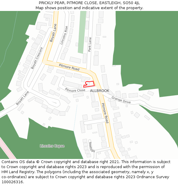 PRICKLY PEAR, PITMORE CLOSE, EASTLEIGH, SO50 4JL: Location map and indicative extent of plot