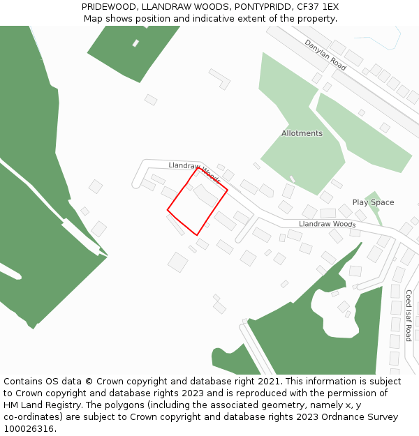 PRIDEWOOD, LLANDRAW WOODS, PONTYPRIDD, CF37 1EX: Location map and indicative extent of plot