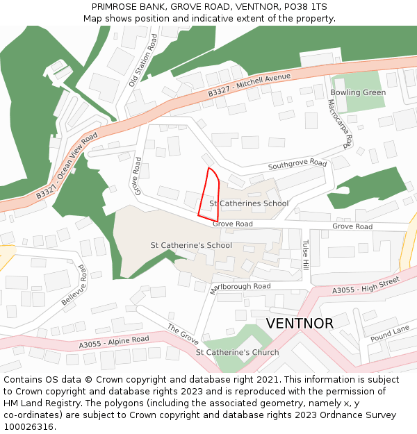 PRIMROSE BANK, GROVE ROAD, VENTNOR, PO38 1TS: Location map and indicative extent of plot