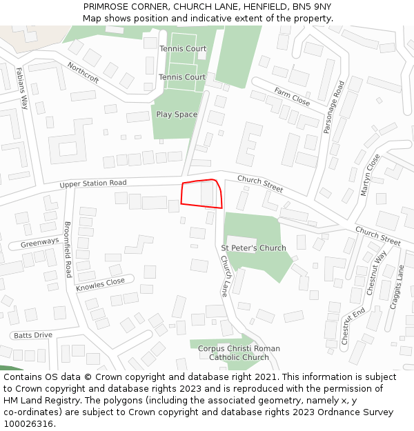 PRIMROSE CORNER, CHURCH LANE, HENFIELD, BN5 9NY: Location map and indicative extent of plot
