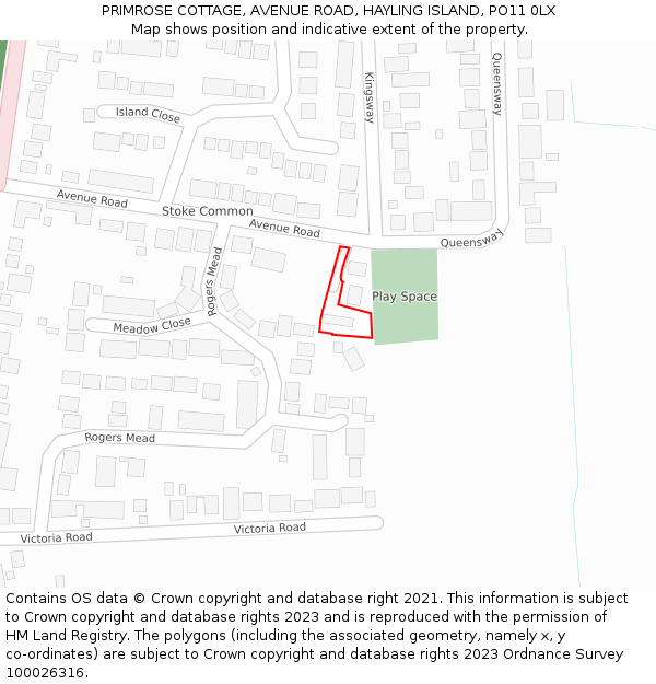 PRIMROSE COTTAGE, AVENUE ROAD, HAYLING ISLAND, PO11 0LX: Location map and indicative extent of plot