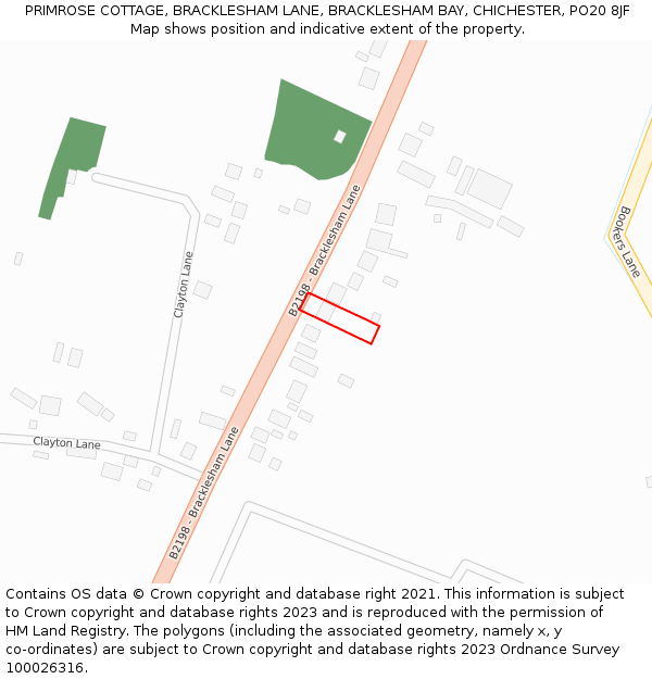 PRIMROSE COTTAGE, BRACKLESHAM LANE, BRACKLESHAM BAY, CHICHESTER, PO20 8JF: Location map and indicative extent of plot