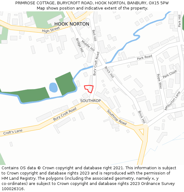 PRIMROSE COTTAGE, BURYCROFT ROAD, HOOK NORTON, BANBURY, OX15 5PW: Location map and indicative extent of plot