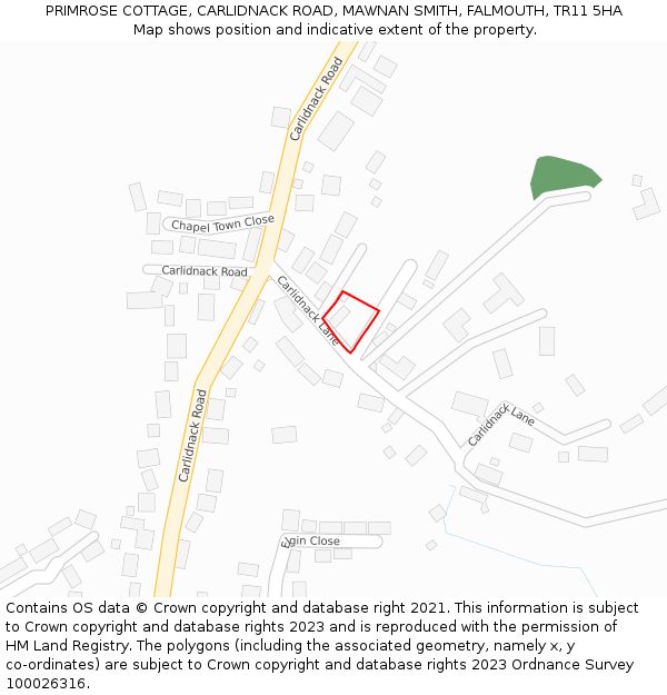PRIMROSE COTTAGE, CARLIDNACK ROAD, MAWNAN SMITH, FALMOUTH, TR11 5HA: Location map and indicative extent of plot