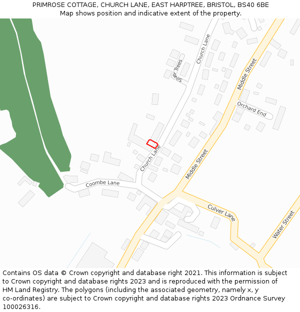 PRIMROSE COTTAGE, CHURCH LANE, EAST HARPTREE, BRISTOL, BS40 6BE: Location map and indicative extent of plot