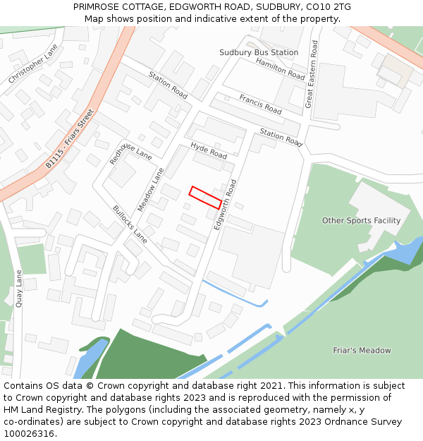 PRIMROSE COTTAGE, EDGWORTH ROAD, SUDBURY, CO10 2TG: Location map and indicative extent of plot