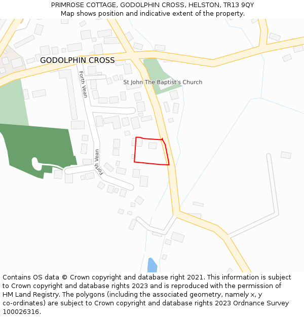 PRIMROSE COTTAGE, GODOLPHIN CROSS, HELSTON, TR13 9QY: Location map and indicative extent of plot