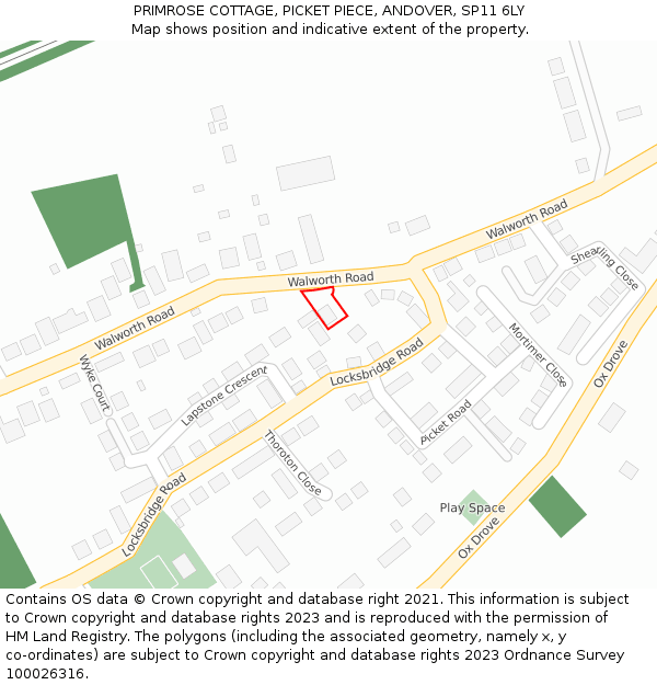 PRIMROSE COTTAGE, PICKET PIECE, ANDOVER, SP11 6LY: Location map and indicative extent of plot