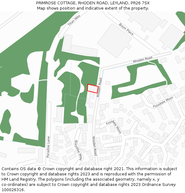 PRIMROSE COTTAGE, RHODEN ROAD, LEYLAND, PR26 7SX: Location map and indicative extent of plot