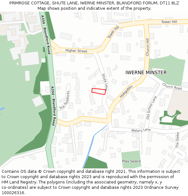 PRIMROSE COTTAGE, SHUTE LANE, IWERNE MINSTER, BLANDFORD FORUM, DT11 8LZ: Location map and indicative extent of plot