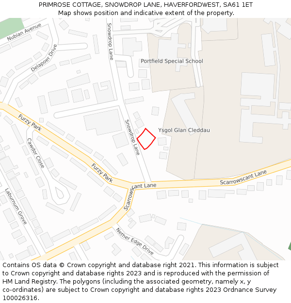 PRIMROSE COTTAGE, SNOWDROP LANE, HAVERFORDWEST, SA61 1ET: Location map and indicative extent of plot