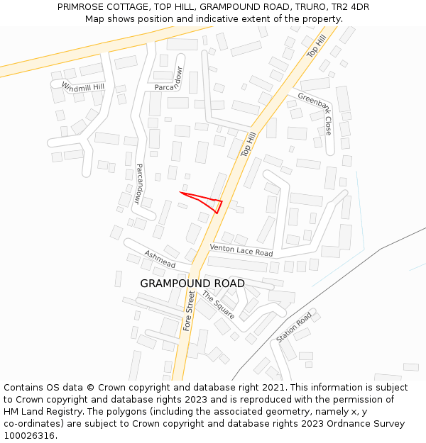 PRIMROSE COTTAGE, TOP HILL, GRAMPOUND ROAD, TRURO, TR2 4DR: Location map and indicative extent of plot