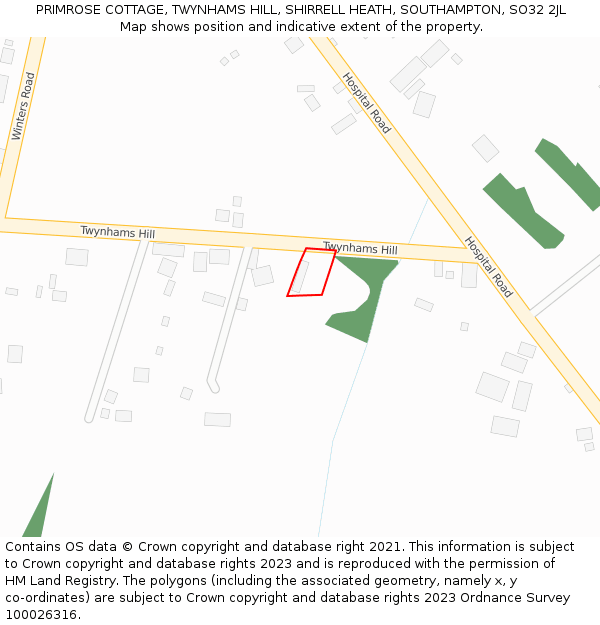 PRIMROSE COTTAGE, TWYNHAMS HILL, SHIRRELL HEATH, SOUTHAMPTON, SO32 2JL: Location map and indicative extent of plot