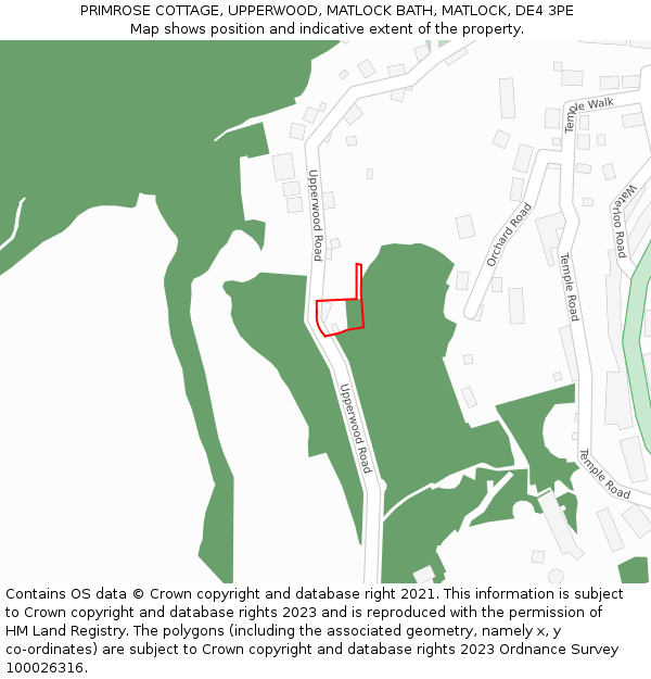 PRIMROSE COTTAGE, UPPERWOOD, MATLOCK BATH, MATLOCK, DE4 3PE: Location map and indicative extent of plot