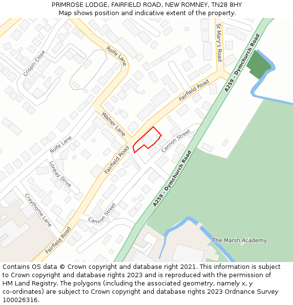 PRIMROSE LODGE, FAIRFIELD ROAD, NEW ROMNEY, TN28 8HY: Location map and indicative extent of plot