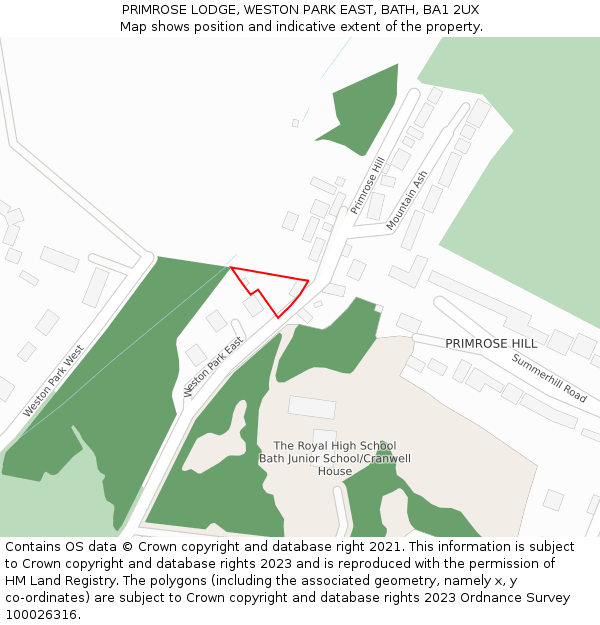 PRIMROSE LODGE, WESTON PARK EAST, BATH, BA1 2UX: Location map and indicative extent of plot