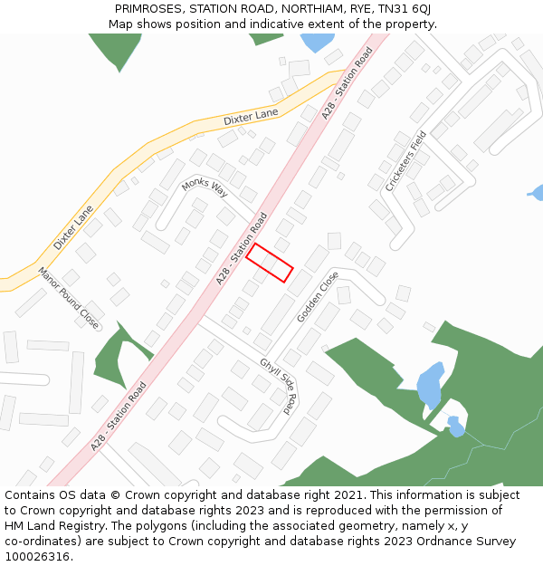 PRIMROSES, STATION ROAD, NORTHIAM, RYE, TN31 6QJ: Location map and indicative extent of plot