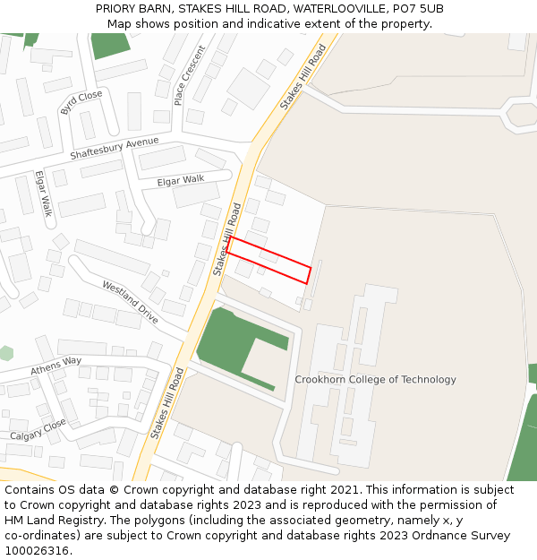 PRIORY BARN, STAKES HILL ROAD, WATERLOOVILLE, PO7 5UB: Location map and indicative extent of plot
