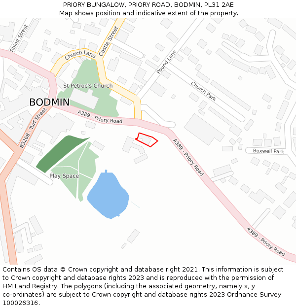 PRIORY BUNGALOW, PRIORY ROAD, BODMIN, PL31 2AE: Location map and indicative extent of plot